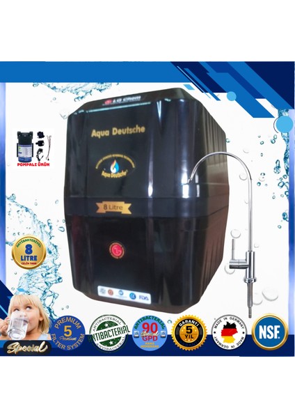 Pompalı 8 Litre Antibakteriyel Çelik Tanklı 90 Gpd Nano Membranlı Gümüş Iyon Kompozit Tatlandırıcılı Su Arıtma Cihazı