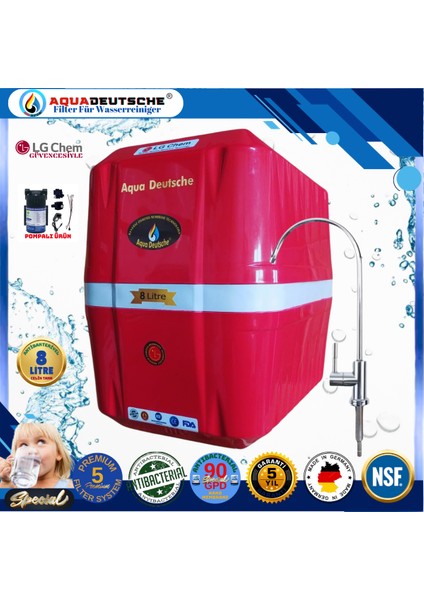 Pompalı 8 Litre Antibakteriyel Çelik Tanklı 90 Gpd Nano Membranlı Gümüş Iyon Kompozit Tatlandırıcılı Su Arıtma Cihazı
