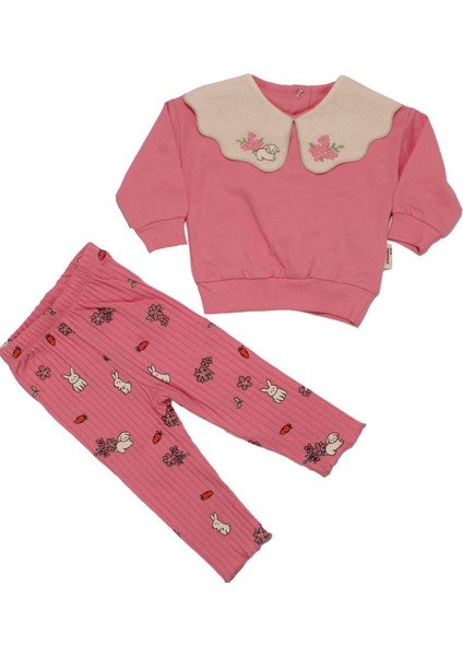 Kız Bebek Pembe Tavşanlı Çiçekli Deseneli Keten Bebe Yakalı Ikili Takım - 1015460