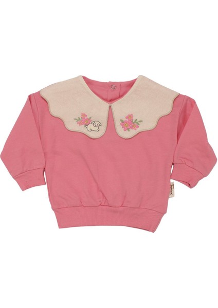 Kız Bebek Pembe Tavşanlı Çiçekli Deseneli Keten Bebe Yakalı Ikili Takım - 1015460