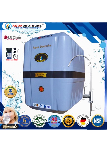 Pompalı 8 Litre Antibakteriyel Çelik Tanklı 90 Gpd Nano Membranlı Gümüş Iyon Kompozit Tatlandırıcılı Su Arıtma Cihazı