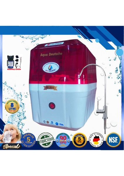 Pompalı 8 Litre Antibakteriyel Çelik Tanklı 90 Gpd Nano Membranlı Gümüş Iyon Kompozit Tatlandırıcılı Su Arıtma Cihazı