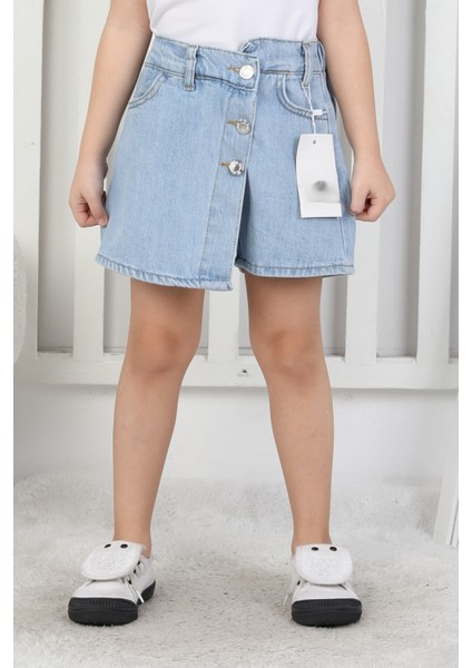 Düğme Detaylı Yandan Düğmeli Kot Şort Etek, Denim Kot Şort