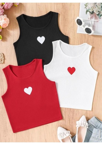 3'lü Kız Çocuk Likralı Bisiklet Yaka Kalp Baskılı Kaşkorse Crop Atlet