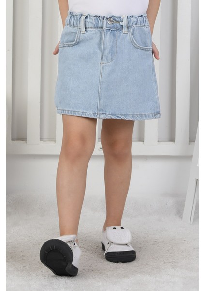 Kız çocuk Arkası Cep Detaylı Karakterli Kot Etek, Denim Etek