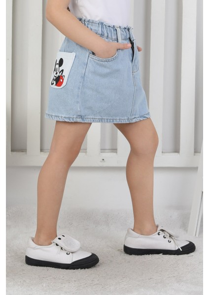 Kız çocuk Arkası Cep Detaylı Karakterli Kot Etek, Denim Etek modelleri
