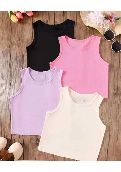 4'lü Kız Çocuk Bisiklet Yaka Fitilli Crop Atlet