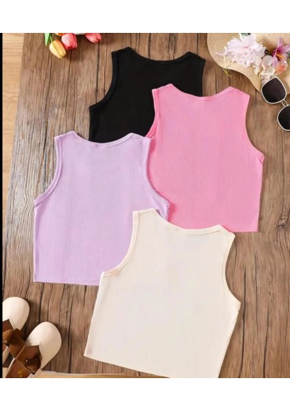4'lü Kız Çocuk Bisiklet Yaka Fitilli Crop Atlet