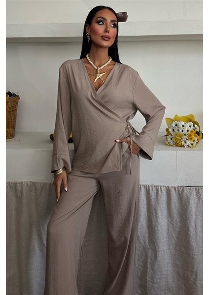 Kruvaze Model Klasik Pantolonlu Çupra Keten Takım 10191