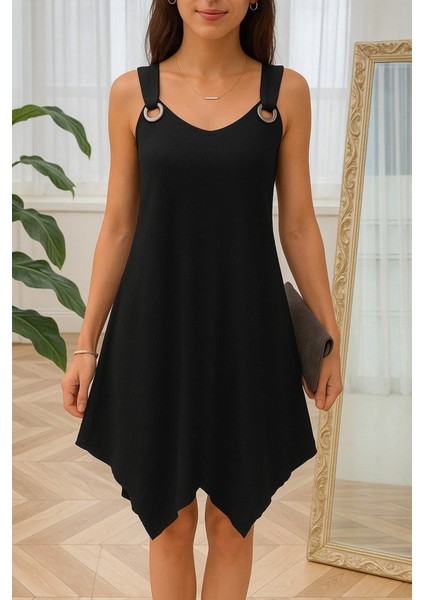 Kadın Askılı Yuvarlak Yaka Kuş Gözü Detaylı Asimetrik Viskon Elbise