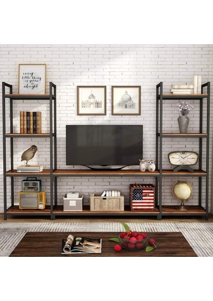 Treb Raflı Metal Doğal Ahşap Masif Panel Tv Ünitesi