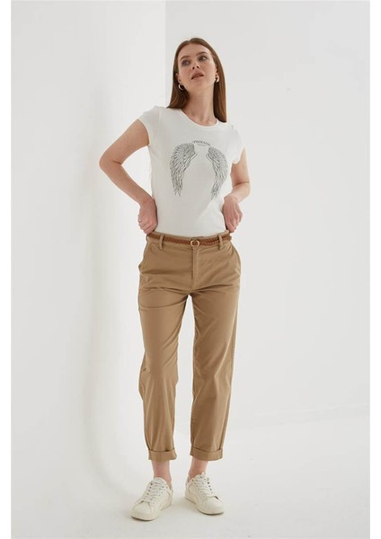 Zımba Detaylı Baskılı Ekru Kadın T-Shirt 25Y0560K1