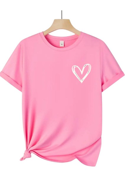 Unısex Kalp Baskılı Oversize Pembe Tshirt