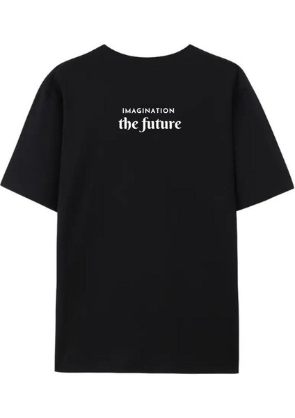 Unısex "ımagınatıon The Future" Baskılı Oversıze Siyah Tshirt
