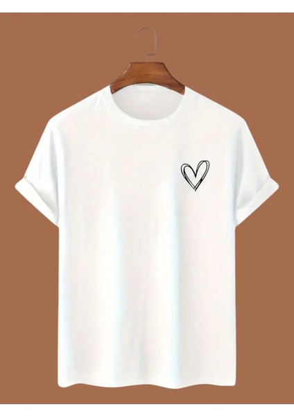 Unısex Kalp Baskılı Oversize Beyaz Tshirt