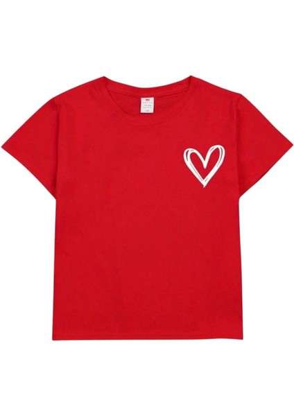Unısex Kalp Baskılı Oversize Kırmızı Tshirt