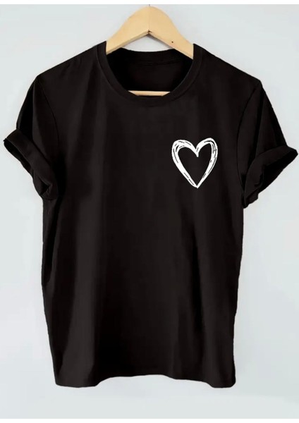 Unısex Kalp Baskılı Oversize Siyah Tshirt
