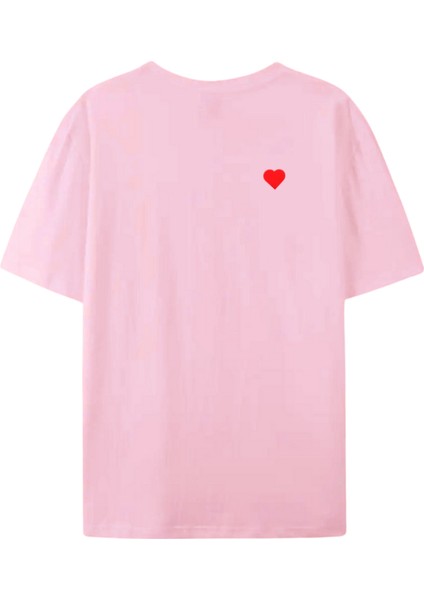 Unısex Kırmızı Kalp Baskılı Pembe Tshirt