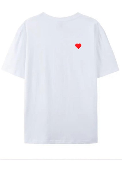 Unısex Kırmızı Kalp Baskılı Beyaz Tshirt