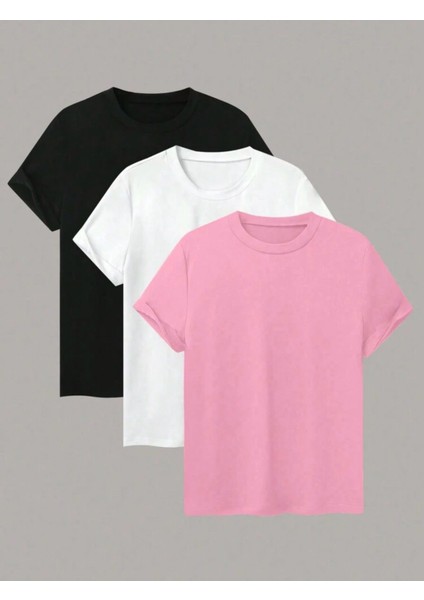 Unısex Pembe-Beyaz-Siyah Üçlü Paket Oversize Tshirt