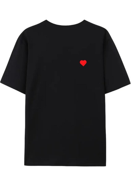 Unısex Kırmızı Kalp Baskılı Siyah Tshirt