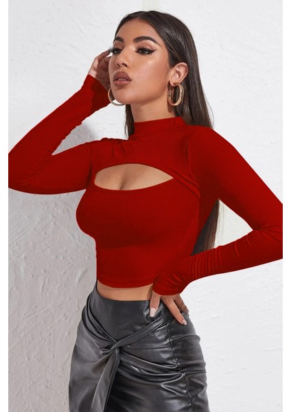 Kadın Kırmızı Göğüs Dekolteli Uzun Kollu Cut Out Crop Top Bluz