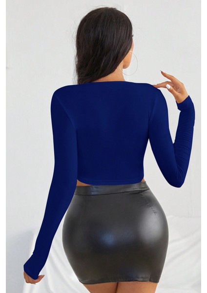 Kadın Mavi Uzun Kol Kare Yaka Crop Top Bluz