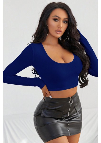 Kadın Mavi Uzun Kol Kare Yaka Crop Top Bluz
