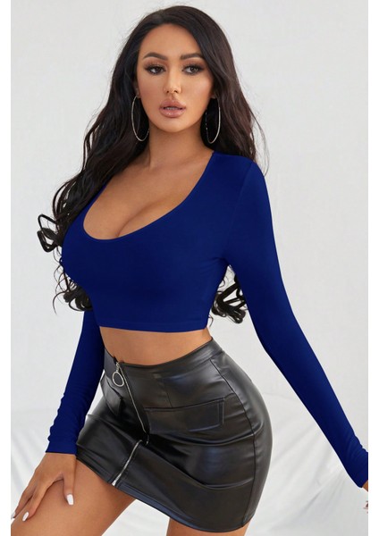 Kadın Mavi Uzun Kol Kare Yaka Crop Top Bluz