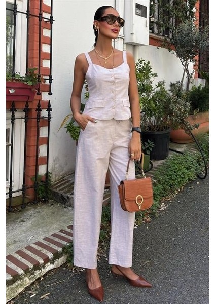 Kalın Askılı Bluz Pantolon Keten Takım 10187