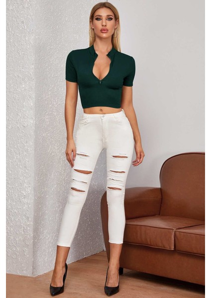 Kadın Yeşil Yarım Fermuarlı ve Kısa Kollu Crop Top Bluz
