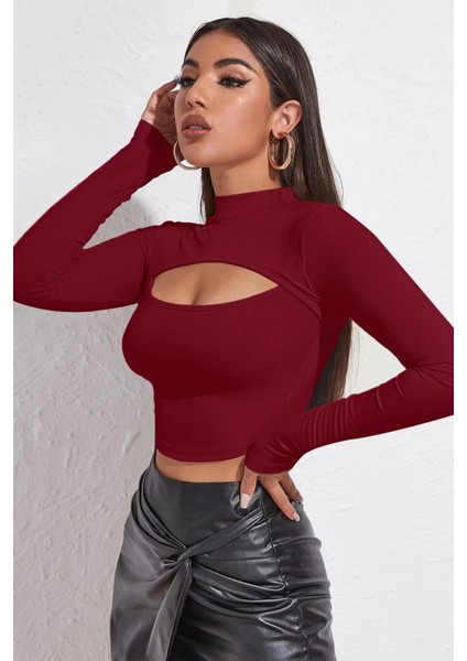 Kadın Bordo Göğüs Dekolteli Uzun Kollu Cut Out Crop Top Bluz