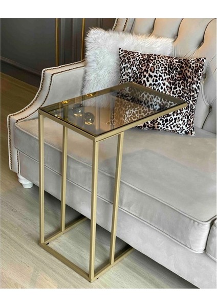 Leyni Gold Metal Yan Camlı Sehpa