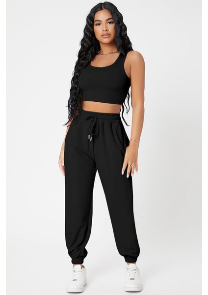 Kadın Siyah Kaşkorse Cepli Jogger Eşofman Altı ve Crop Top Bluz