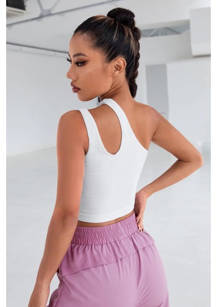 Kadın Beyaz Tek Omuz Cut Out Detaylı Crop Top Bluz
