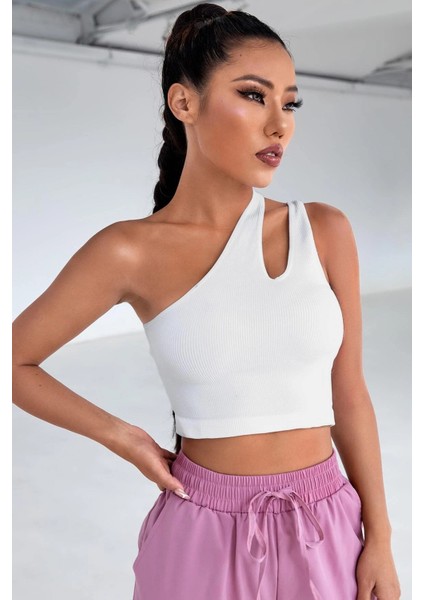 Kadın Beyaz Tek Omuz Cut Out Detaylı Crop Top Bluz
