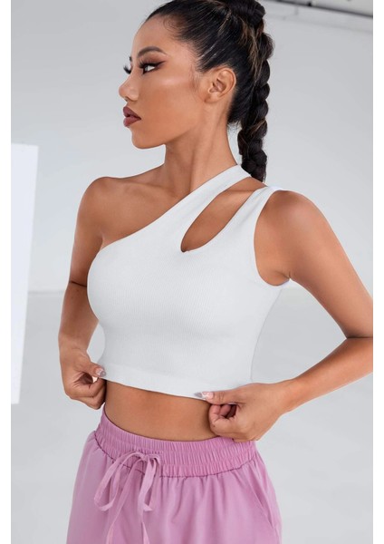 Kadın Beyaz Tek Omuz Cut Out Detaylı Crop Top Bluz