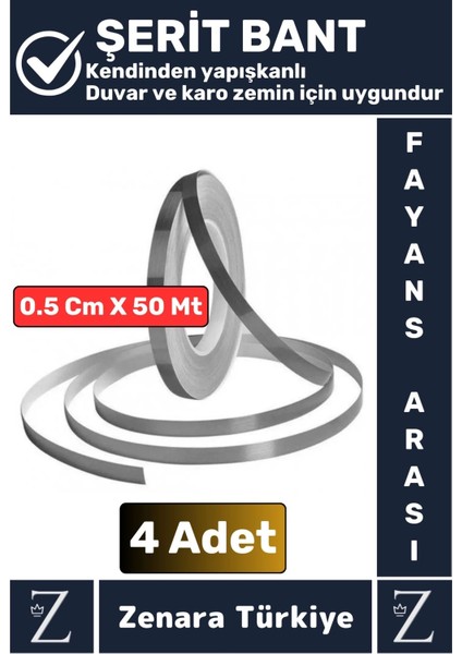 Premium Güçlü Kendinden Yapışkanlı Su Geçirmez Fayans Arası Şerit Derz Bant 0.5 cm x 50 Metre 4 Adet