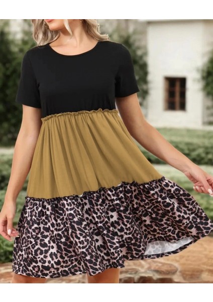 Kadın Bisiklet Yaka Kısa Kol Leopar Desenli Üç Parça Viskon Elbise