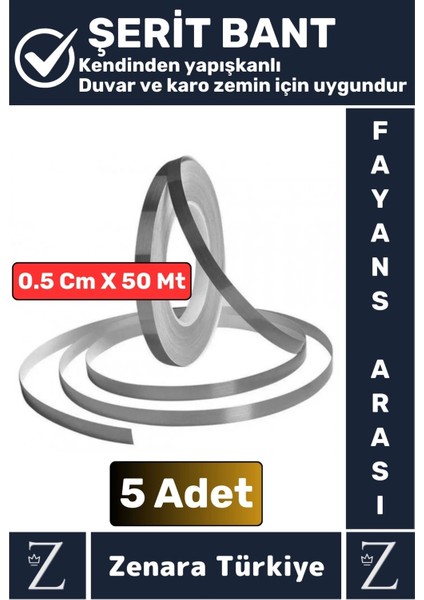 Premium Güçlü Kendinden Yapışkanlı Su Geçirmez Fayans Arası Şerit Derz Bant 0.5 cm x 50 Metre 5 Adet