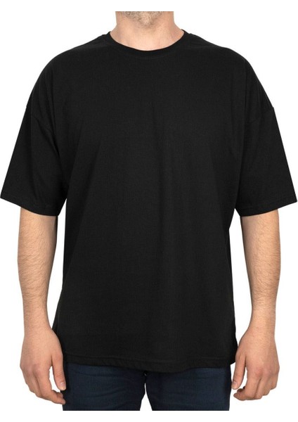 Oversize Bisiklet Yaka Siyah T-Shirt Pamuklu