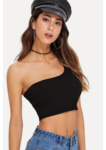 Kadın Siyah Tek Omuz Crop Büstiyer fırsatları