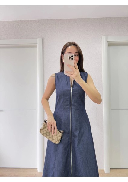 Jeans Kot Önü Tam Fermuarlı Uzun Elbise - Mavi