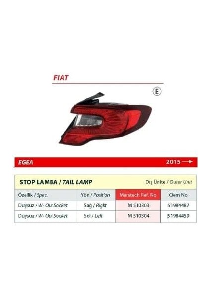 Stop Lambası Sag Duysuz Fıat Egea 15&gt; Sedan Mars M510303