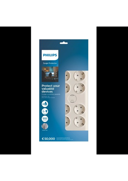 Phılıps SPN7080WA/62, 8 Soket, Akım Korumalı Priz, 900 Joules, 2mt Örgülü Kablo, (Beyaz)