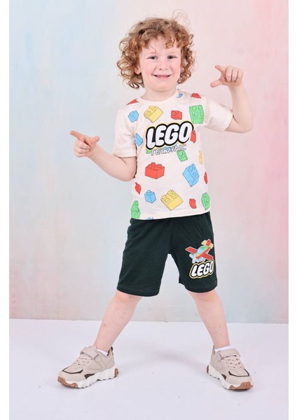Pjkskt LEGO Desenli Yeşil Şortlu Erkek Çocuk Kısa Kol Takım 7610-Y