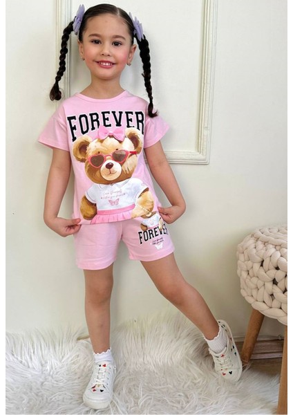 Pjkskt Forever Tatlı Ayıcık Desenli Pembe Şortlu Kız Çocuk Kısa Kol Takım 7554-P