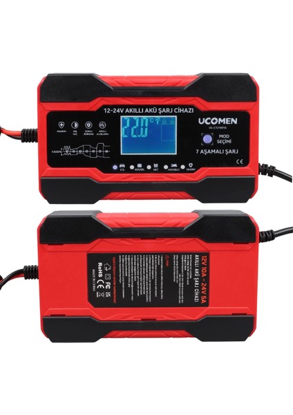 Kırmızı 12/24 Volt 10 Amper LED Göstergeli Akü Şarj Cihazı UC-C121001A
