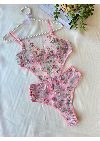 Çiçek Dal Desenli Pembe Bodysuit