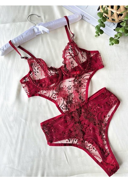 Çiçek Desenli Bordo Bodysuit